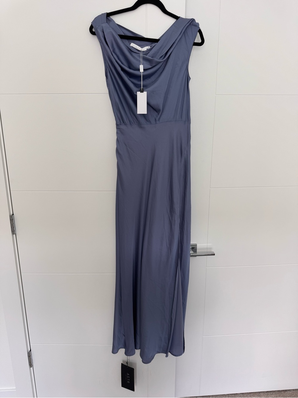 Monroe Satin Off Shoulder Maxi Dress - Slate blue
